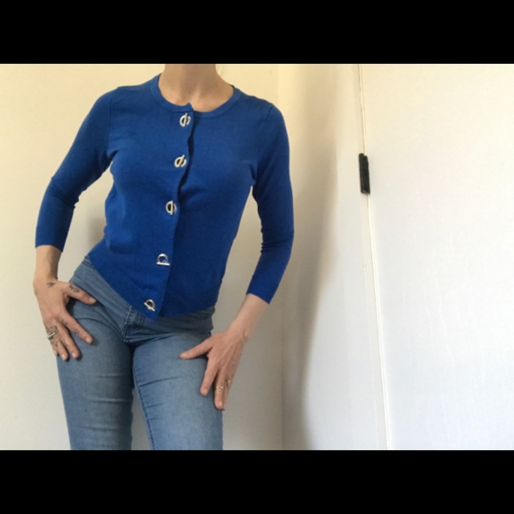Premise 80’s Style Metal Rivet Closure Blue Nautical Cardigan Coastal Granny - Picture 5 of 16